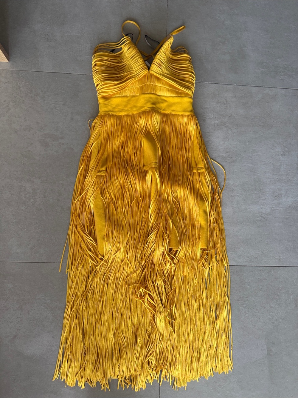 Herve Leger Mustard Yellow Fringe Midi Dress
